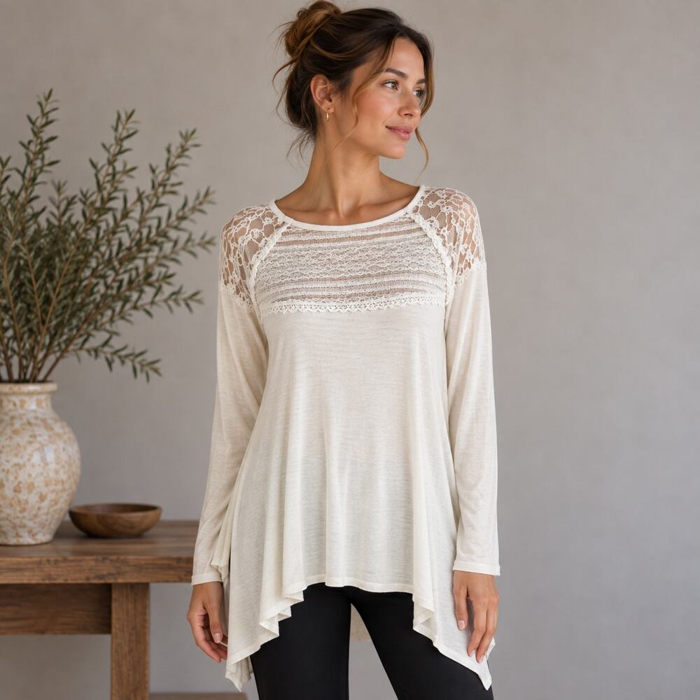 Sundance Off White Waffle Knit & Lace Long Sleeve Top Small